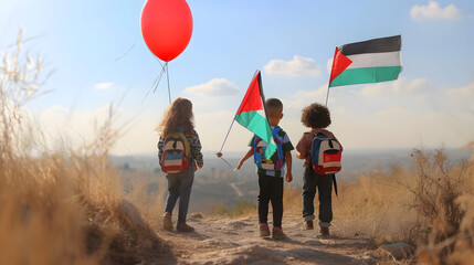 Palestine and Israel peace concept, Gaza conflict and war, kids together with their flags representing peace and end of war negotiation, balloon flying, children