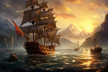 Ferocious Pirate ships sea battle. Travel wood. Generate Ai