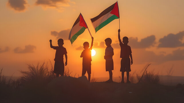 Palestine and Israel peace concept, Gaza conflict and war, kids together with their flags representing peace and end of war negotiation, balloon flying, children