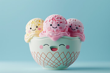 Happy Ice Cream Bowl with Big Smile and Kawaii Eyes