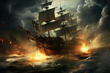 Fierce Pirate ships battle storm. Adventure travel. Generate Ai