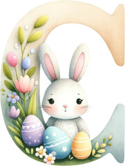 Easter Bunny Alphabet Letters "C" Illustration with cute bunny and egg decorations, ideal for festive designs.