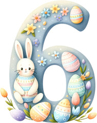 Fototapeta na wymiar Easter Themed Numbers 6 with Bunnies and Eggs, Easter bunnies, eggs, and spring flowers, perfect for festive educational material.