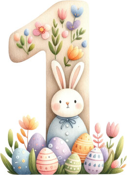Easter Themed Numbers 1 with Bunnies and Eggs, Easter bunnies, eggs, and spring flowers, perfect for festive educational material.
