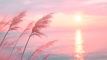   Close up of a grass stem near a calm sea at sunset with a beautiful background.  generative ai 