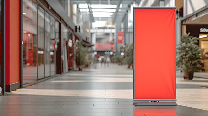 red sale roll up mockup poster stand in an shopping center or mall environment as wide banner design with blank empty copy space area