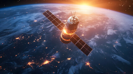 Satellite in orbit around the planet Earth, solar panels and space engineering, data transmission concept hd