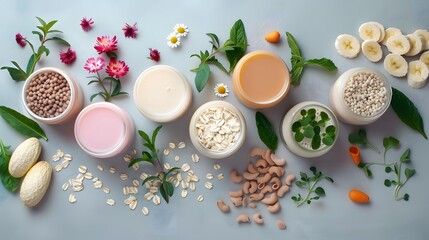 Various vegan plant based milk and ingredients, top view, copy space. Dairy free milk substitute drink, healthy eating.