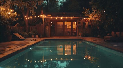 a pool in backyard is with lights at night time - obrazy, fototapety, plakaty