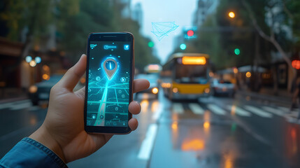 smart city public transportation control and mobile app to taking bus to destination or location and directions tracking GPS system concepts as wide banner with copyspace area