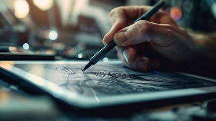 A shot of a developers hand sketching out a character on a tablet emphasizing the creative and artistic aspect of game development. - obrazy, fototapety, plakaty