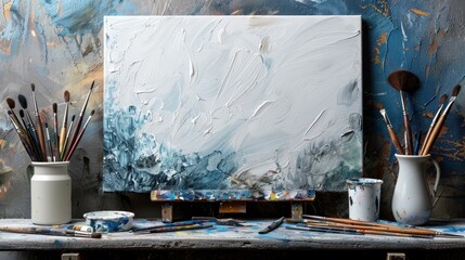 A textured white painting on a canvas with an array of paintbrushes and artist tools against a blue...