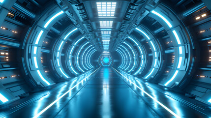 Space station or spaceship scifi style corridor or room. metallic feel and blue. Ultra modern sci-fi design