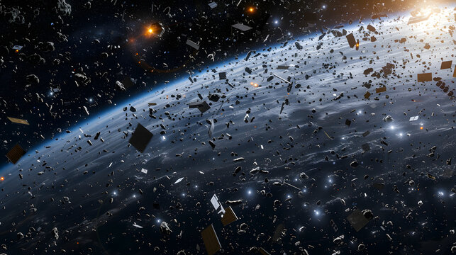 Space junk, space debris, floating in space, or earth atmosphere. galactic junk