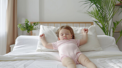 Fototapeta na wymiar Restful child in white bed, natural light, peaceful sleep, minimalist bedroom, comfortable, serene, wellbeing