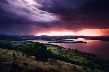 Surreal Tranquility: A Stormy Sky Over a Peaceful Lake Amidst Lush Greenery