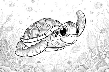 Black and white illustration for coloring animals, turtle.