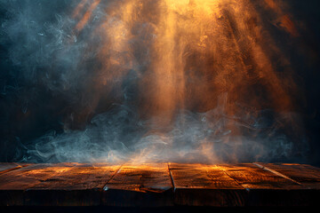 empty wooden table with Faint smoke have beams of light shining on top dark background  - obrazy, fototapety, plakaty
