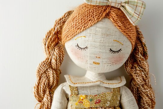 Close-up of a handcrafted fabric doll with embroidered features and a bow in her hair.