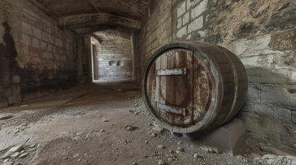A barrel resting on its side its exposed wood grain showcasing years of aging in a cold storage room lined with stone walls and a dirt floor.