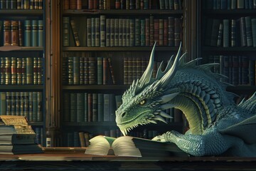 Dragon browsing a library swiping through tablet computers merging ancient wisdom with modern tech - obrazy, fototapety, plakaty