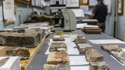 A series of microscope slides with different samples of volcanic rock are laid out on a table ready for ysis. In the background scientists can be seen discussing findings