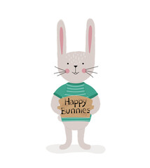 The Easter Bunny holds a sign in his paws that says 