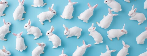 White bunnies wallpaper, many rabbits on pastel blue background. 