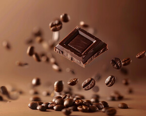 Floating Square of Chocolate Amidst Coffee Beans
