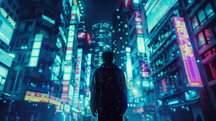 neon-lit streets of a futuristic city, a lone figure walks among towering skyscrapers