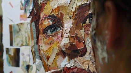 A students face contorted in concentration and determination as they carefully and glue pieces of paper to create a collage for an upcoming exhibition.