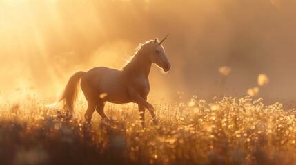 Obraz na płótnie Canvas In a misty meadow, a unicorn prances gracefully