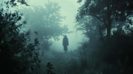 misty forest, a mysterious figure emerges from the fog - obrazy, fototapety, plakaty