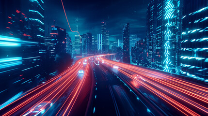 futuristic metropolis, hovercars streak through the neon-lit sky, leaving trails of light