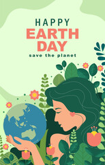 International Mother Earth Day Background with beautiful woman and plant illustration. vector illustration