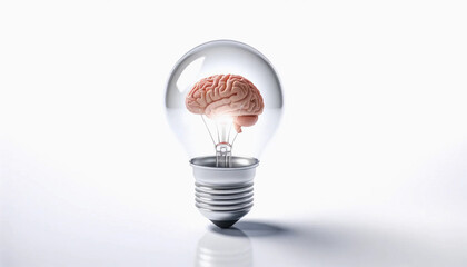 A lightbulb on a pure white background, with a human brain inside