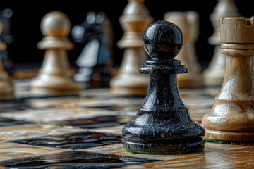 Fototapeta premium Close-up of chess pieces on board with focus on the contrasting black and white pieces.