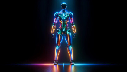A full-body shot of a robot illuminated by neon lights, captured from a distance against a pitch-black background