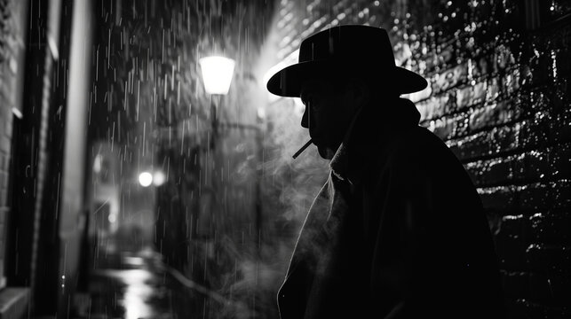 In the dimly lit alley of a rainy city, a detective stands under the glow of a streetlamp, cigarette smoke