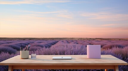 Minimalist table chairs facing the soft dawn in the lavender fields are decorated with pens and pencils