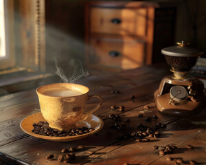 Fototapeta na wymiar Coffee Enjoyment at a Rustic Wooden Table