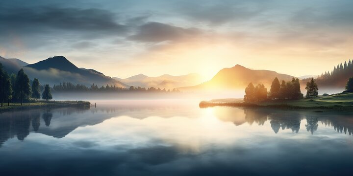 Dawn over a foggy lake with soft hills in the distance