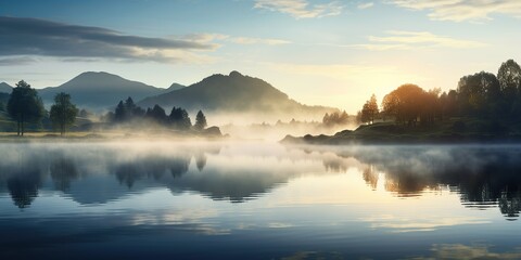 Fototapeta premium Dawn over a foggy lake with soft hills in the distance