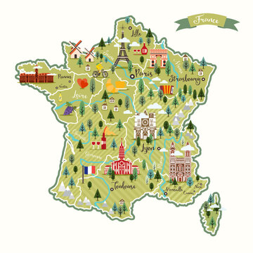 Stylized map of France. French symbols, cheese, croissant, wine, bicycle, harmonic, mountains and other landmarks. Travel to France.