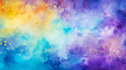 Obraz na płótnie Canvas Mardi Gras digital watercolor background, abstract splash colorful art. Bright purple, teal, yellow, blue and pink paint spray for copy space by Vita