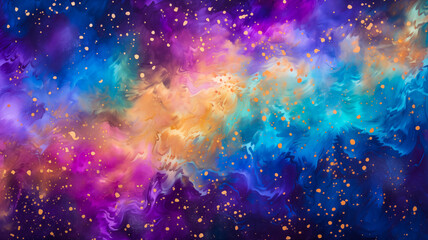 Fototapeta premium Mardi Gras digital watercolor background, abstract splash colorful art. Bright purple, teal, yellow, blue and pink paint spray for copy space by Vita