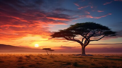 Lone acacia tree with sunrise on the savannah