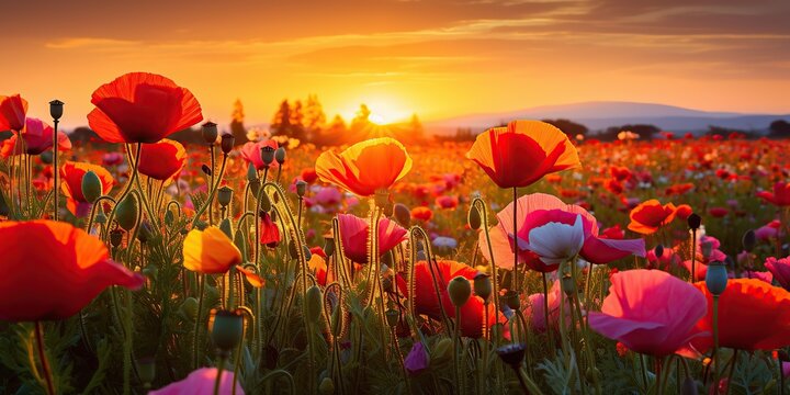 A colorful field of wildflowers in the countryside at sunset © Dament