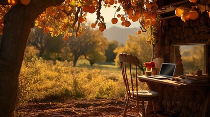 calm writer's hideaway amid a sunny autumn orchard