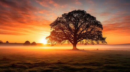 Fototapeta premium Over an oak tree in a foggy meadow, dawn breaks.